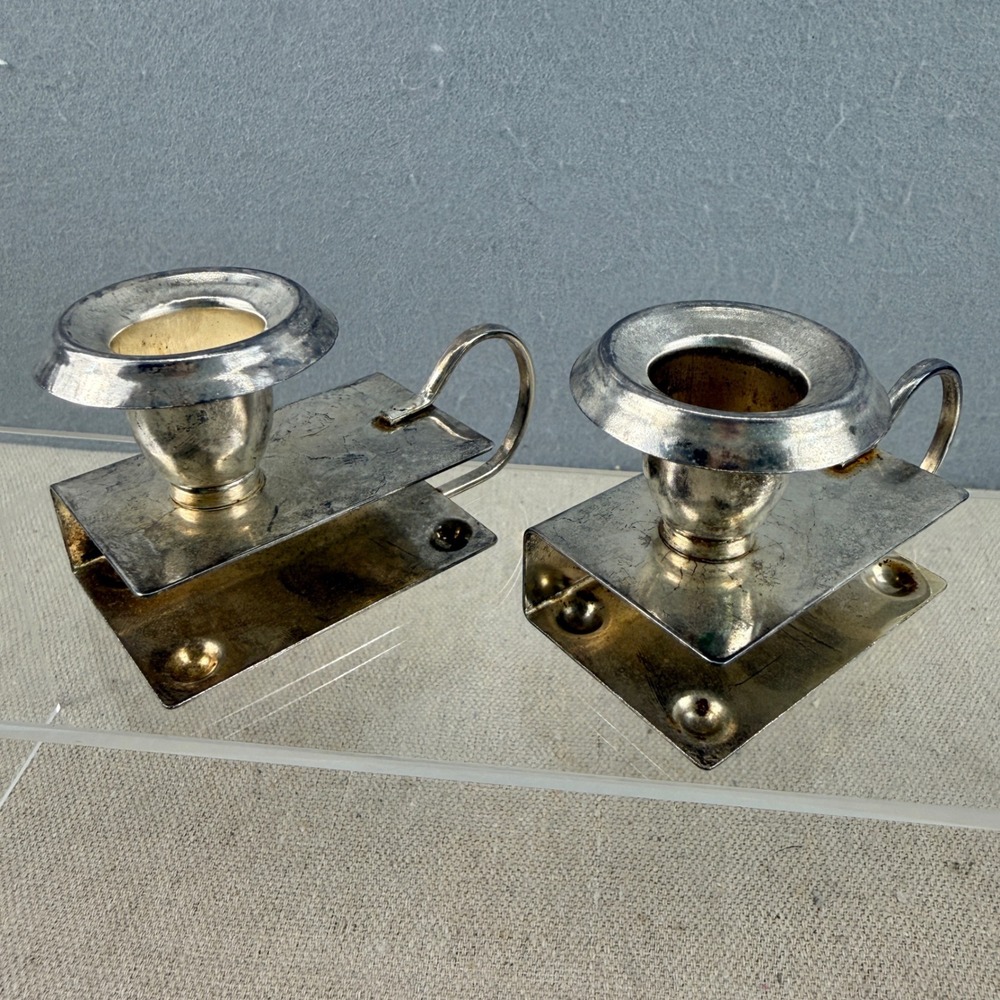 Vintage Silver Plated Chamberstick Candle Holders Pair Made in Hong Kong